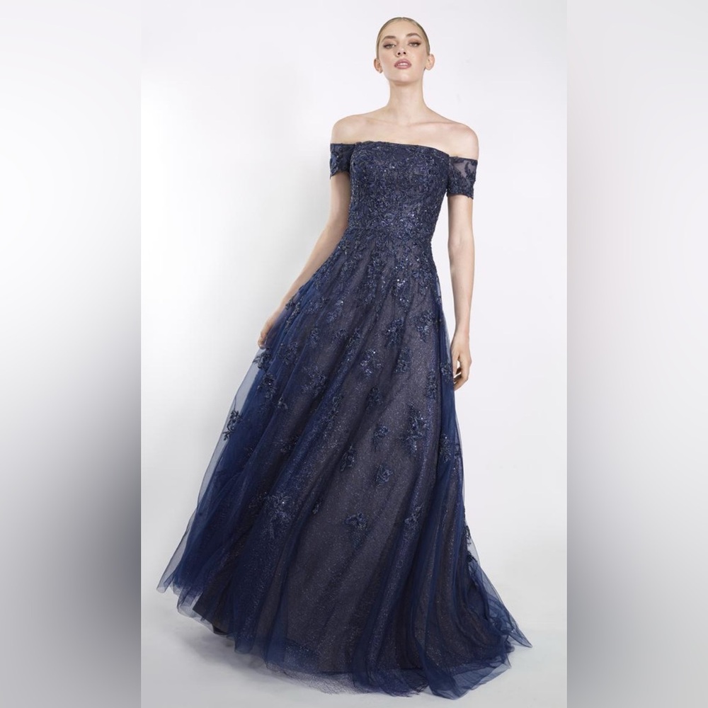 JANIQUE 91122 beaded and embroidered navy gown Sz 12